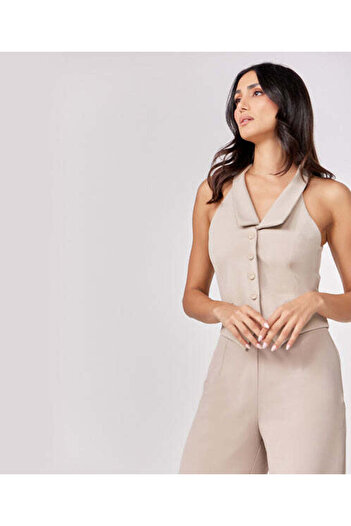 Zigzag Halter Neck Buttoned Beige Waistcoat