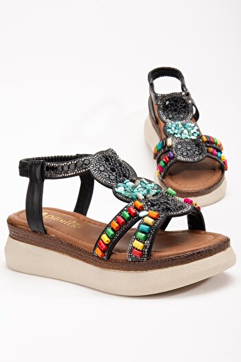 Dilimler Ayakkabı Women's Wedge Sandals Black Beaded Two-Strap