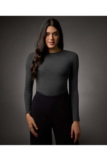Zigzag Long Sleeve Round Neck Rib Top - Dark Grey