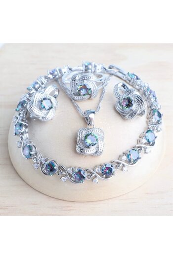 OEM 925 silver plated jewelry set with rainbow zirconia crystals