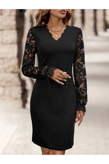 JANES Women's Long Sleeve V-Neck Laser Cut Detailed Short Imported Crepe Dress Stylish Office