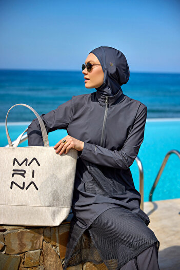 Marina Swimwear Smoked Full Covered Hijab Swimsuit - High Neck, with Stopper, Water Draining M2508-4