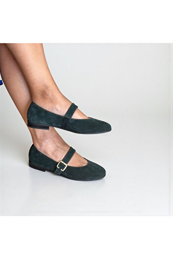 NE&VE SHOES Dark Green Suede Genuine Leather Round Toe Buckle Women's Ballerinas