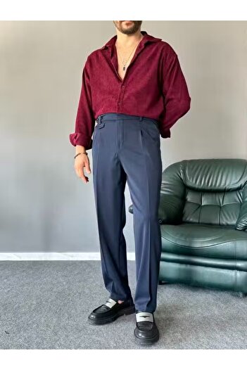 TÜZeMEN Pleated Fabric Pants with Side Button Closure