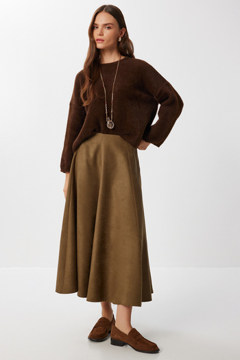 Lovelyİstanbul Midi Flared Suede Skirt Lns0087 Olive Green