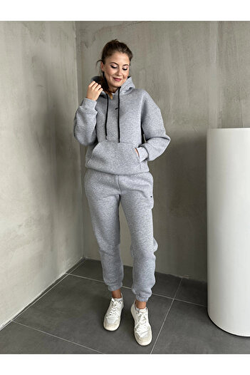 Asfa Moda Women's Gray Melange Three Thread Ribbed Hooded Sweat Tracksuit Set