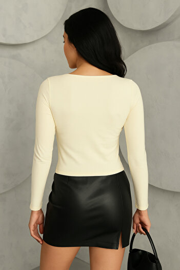 MERİCEY Beige Cotton Stretchy Boat Neck Fitted Stretchy Knitted Blouse