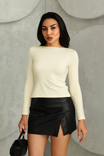 MERİCEY Beige Cotton Stretchy Boat Neck Fitted Stretchy Knitted Blouse