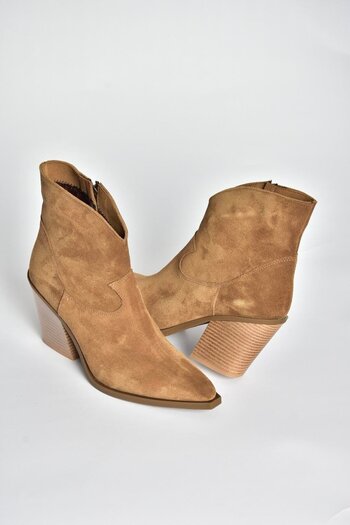 Fox Shoes V654081902 Tan Genuine Leather Suede Thick Heeled Western Cowboy Women's Boots