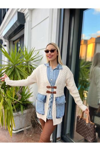 PREMİER VİE Knitwear Cardigan with Leather Buckle Front and Denim Shirt