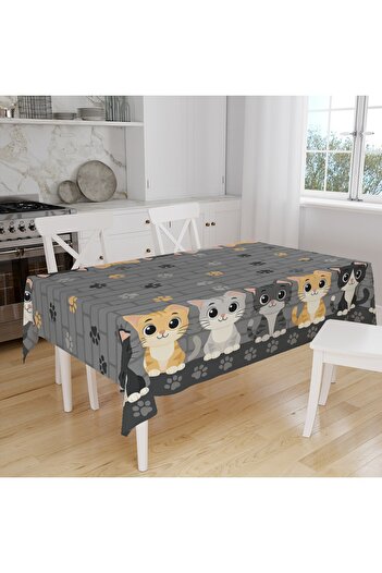 Else Dekor Colorful Cats Grey Wall Pattern Digital Printing Suede Fabric Kitchen Tablecloth