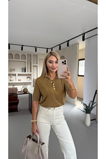 Sezgi Tekin Polo Neck Button Detail Gold Glitter Knit Blouse