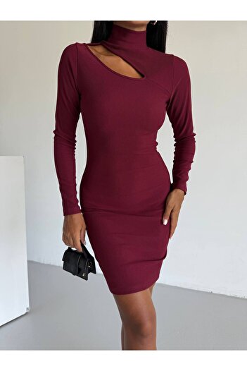 Cuyka Long Sleeve Slit Low-Cut High-Neck Ottoman Fabric Dress