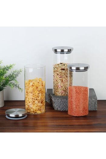 Danube Home Abaco 3-Piece Glass Jar Set with Steel Lids – Airtight Pantry Containers, 1500ml Each