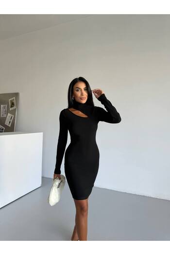 Cuyka Long Sleeve Slit Low-Cut High-Neck Ottoman Fabric Dress
