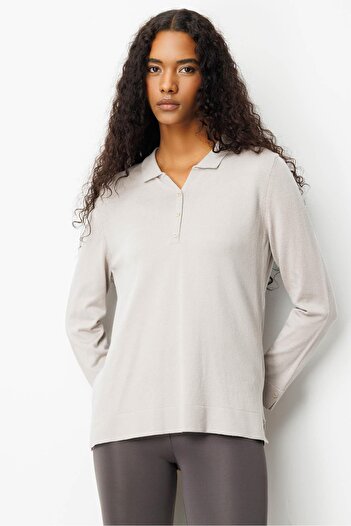 Desen Triko Women's Polo Neck Collar and Buttoned Sleeves Blouse Mink
