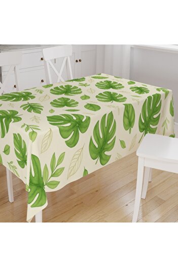 Else Dekor Green Tropical Leaves Patterned Digital Printing Suede Fabric Kitchen Tablecloth