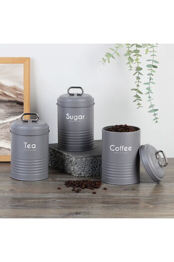 Danube Home Gravitas 3-Piece Metal Jar Set Grey – Durable Airtight Storage Jars for Pantry & Kitchen, 1300ml