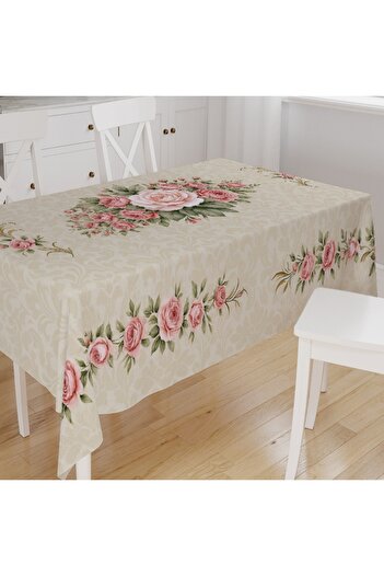 Else Dekor Vintage Pink Roses Patterned Digital Print Suede Fabric Kitchen Tablecloth