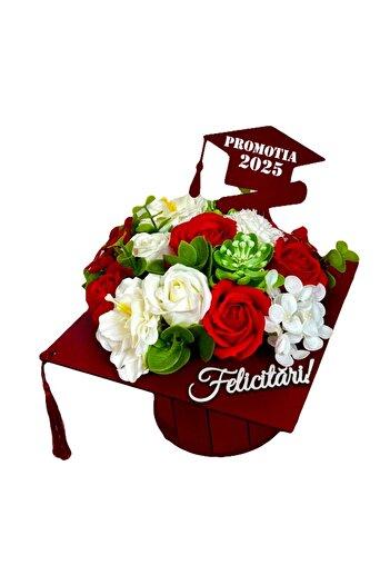 velve Graduation floral arrangement, box in the shape of a toca, roses, hydrangeas, anemones, White/Red