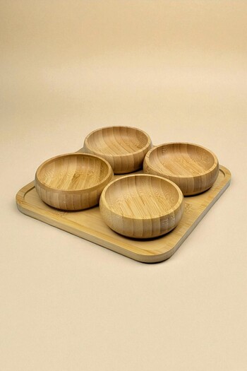 Kitchen Way Bamboo Round Snack Bowl Set with 4 Trays Kw-449
