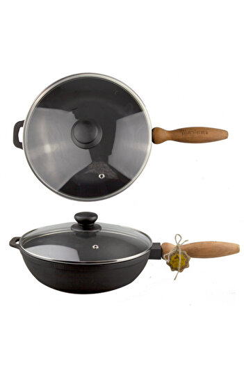 Maysternya Cast iron frying pan with wooden handle and glass lid 24xh6cm + wire sponge