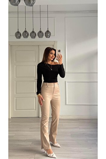 Daves Flexible Suede Textured Leather Trousers Beige