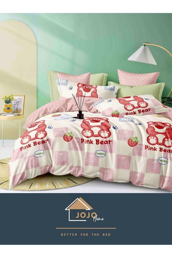 JOJO HOME Bed linen, 4 pieces, 1 person, 155x230cm, fine cotton, Pink Bear