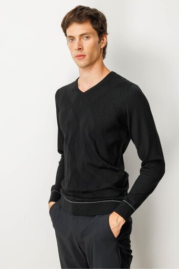 Desen Triko Men's V-Neck Striped Argyle Wool Sweater Black