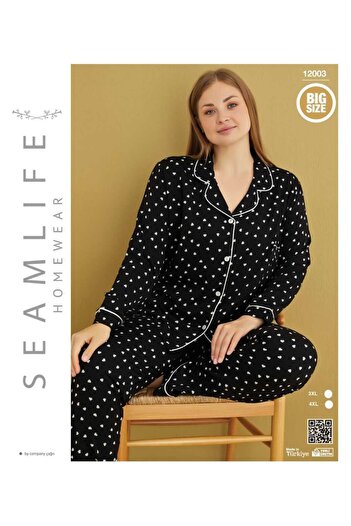 seamlife Women's Long Sleeve Black and White Heart Plus Size Woven Front Button Shirt Pajama Set