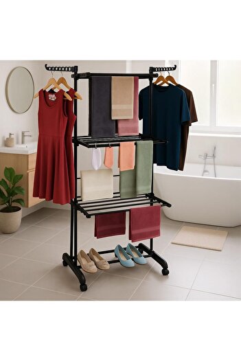 Taimi Foldable 4 Tier Clothes Drying Rack for Laundry Rolling Black