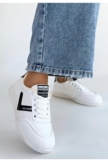 kapsulavm Jowen White Leather Black Detailed Lace-Up Sneakers