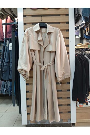 moda erçin Double-Breasted Trench Coat with Tightened Sleeves and Belted Waist