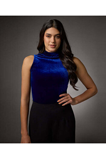 Zigzag High Neck Sleeveless Velvet Top - Royal Blue