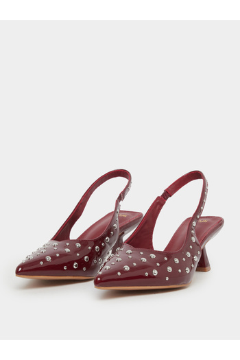 Styli Burgundy Studded Slingback Kitten Heels Shoes