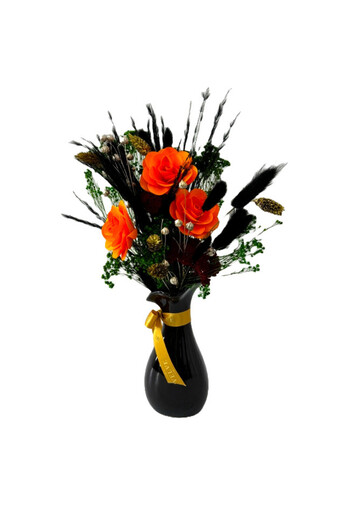 velve Wave vase with floral arrangement, cryogenic dried flowers, lagurus, yarrow, wood begonia, Black