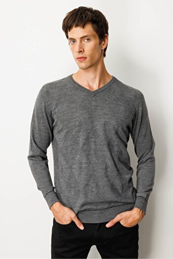 Desen Triko Men's V-Neck Striped Argyle Wool Sweater Smoked