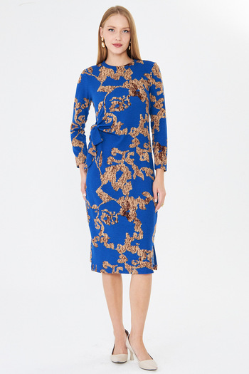 armonika Rochie de damă, albastru-bej, cu gâtul în formă de O, cu legături laterale, cu lungimea midi, din lycra ARM-26K001001