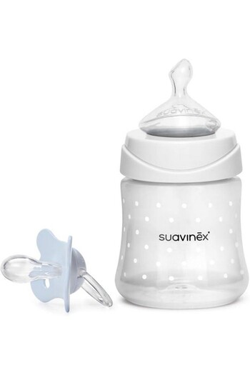 Suavinex 2-piece baby feeding set, 150 ml bottle with nipple and pacifier - 2/4 months, white,