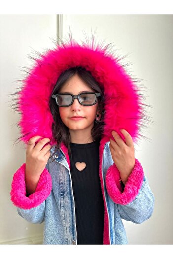 MUMİKİDS Hooded Plush Girl's Fur Coat with Embroidery on the Back - Embroidered Denim Jacket