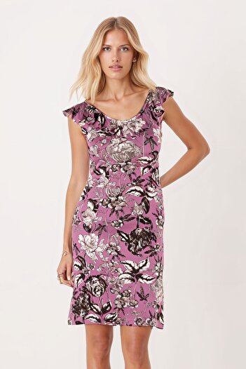 armonika Women Dusty Rose V-Neck Collar Ruffled Sleeveless Dress Arm-25Y001098