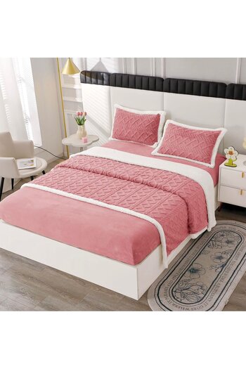Lenjeria Pufoasa Cocolino Double Bed Linen 4 Pieces, with Elastic, Knitted Fur. Pink