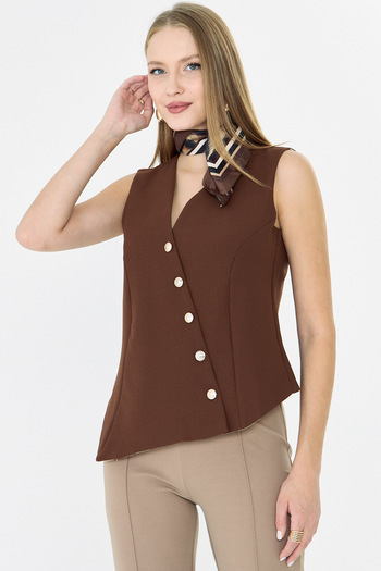 armonika Women's Brown V-Neck Asymmetrical Closure Lined Vest Arm-26K001004