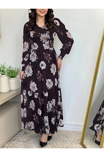 Viyamo New Season Single Jersey Fabric Women's Dress Maxi Length V-Neck Floral Pattern Long Sleeve