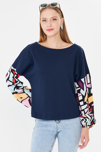 armonika Women's Navy Blue Sleeve Colored Loose Blouse Arm-20K001085