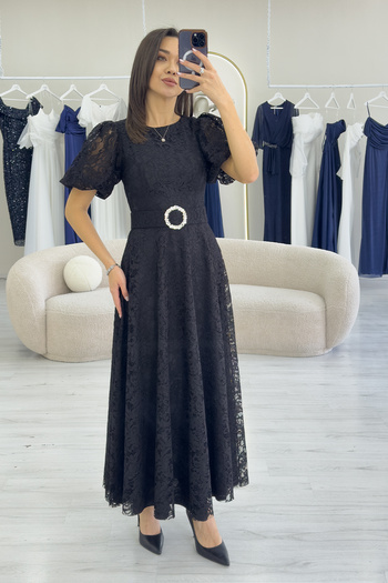 zks grup tekstil Women's Balloon Sleeve Maxi Length Belted Lace Dress Black, Saks, Powder, Purple, Navy Blue, Red, Rose K., Fuchsia