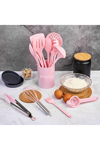 Onuvio Premium Food Grade Silicone Kitchen Utensil Set of 15, 920g, with Holder - Pink