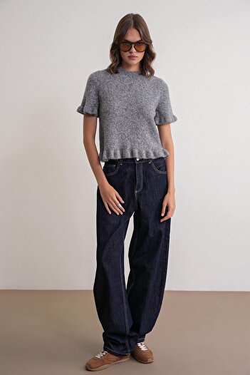 Mixray 6974 Women's Knitwear Ruffled Short Sleeve Sweater Dark Gray