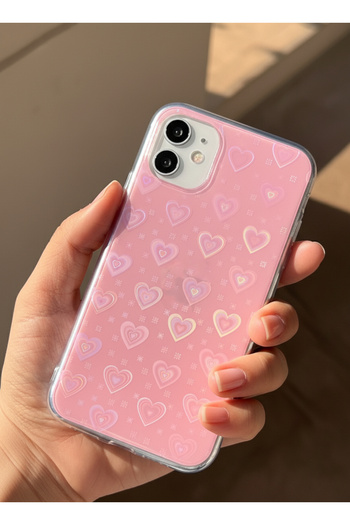 EDELFU iPhone 11 Pink Heart Hologram Flashy Silicone Protective Side Transparent Phone Case