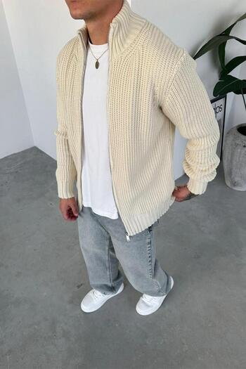 HAFKAGİYİM Cream Full Zip Relaxed Knit Sweater